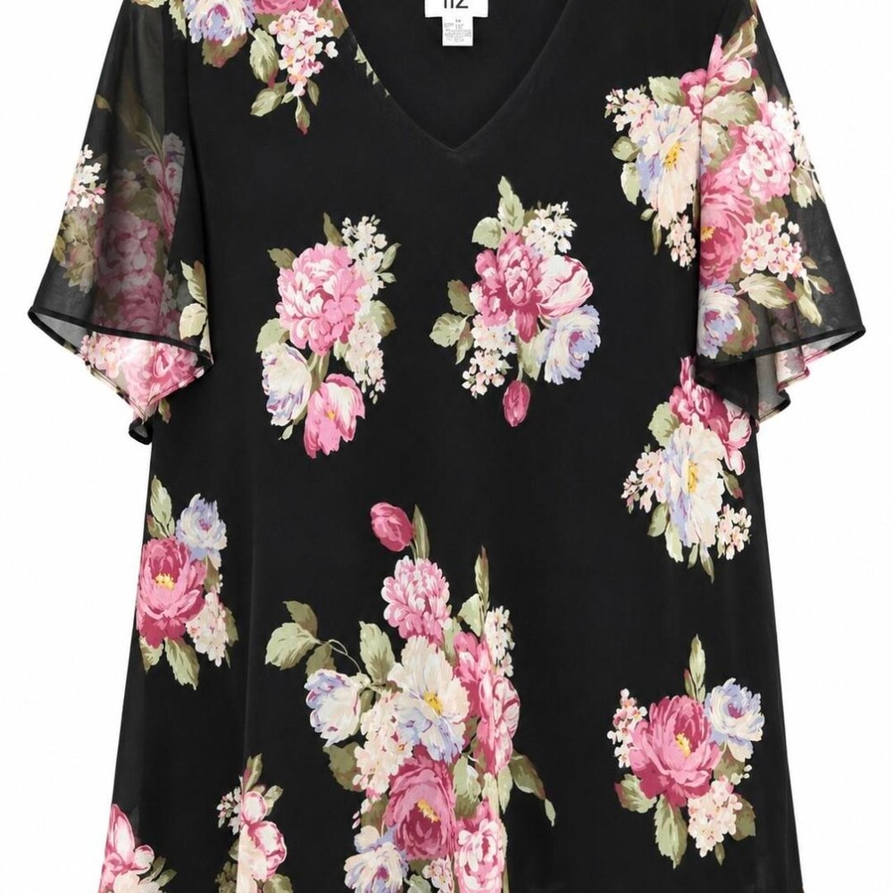 Vintage floral polyester blouse with pink, white, and purple flowers, size 20W #